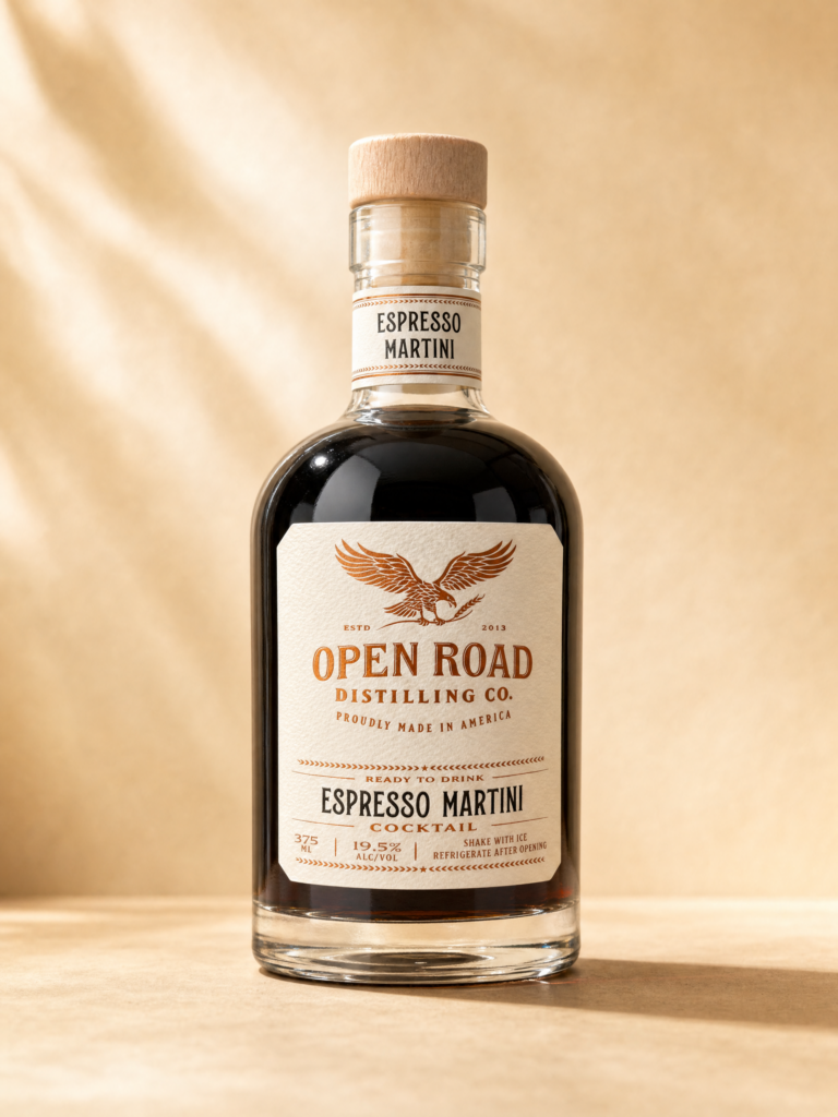 Open Road Distilling Co. bottled Espresso Martini, one of the fall cocktails in DC made with American Vodka and Santa Lucia cold brew